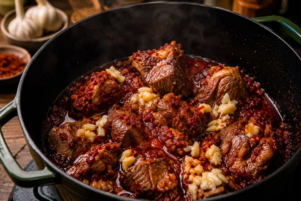 افزودن سیر و رب گوجه فرنگی به خورشت بامیه با تمرهندی
